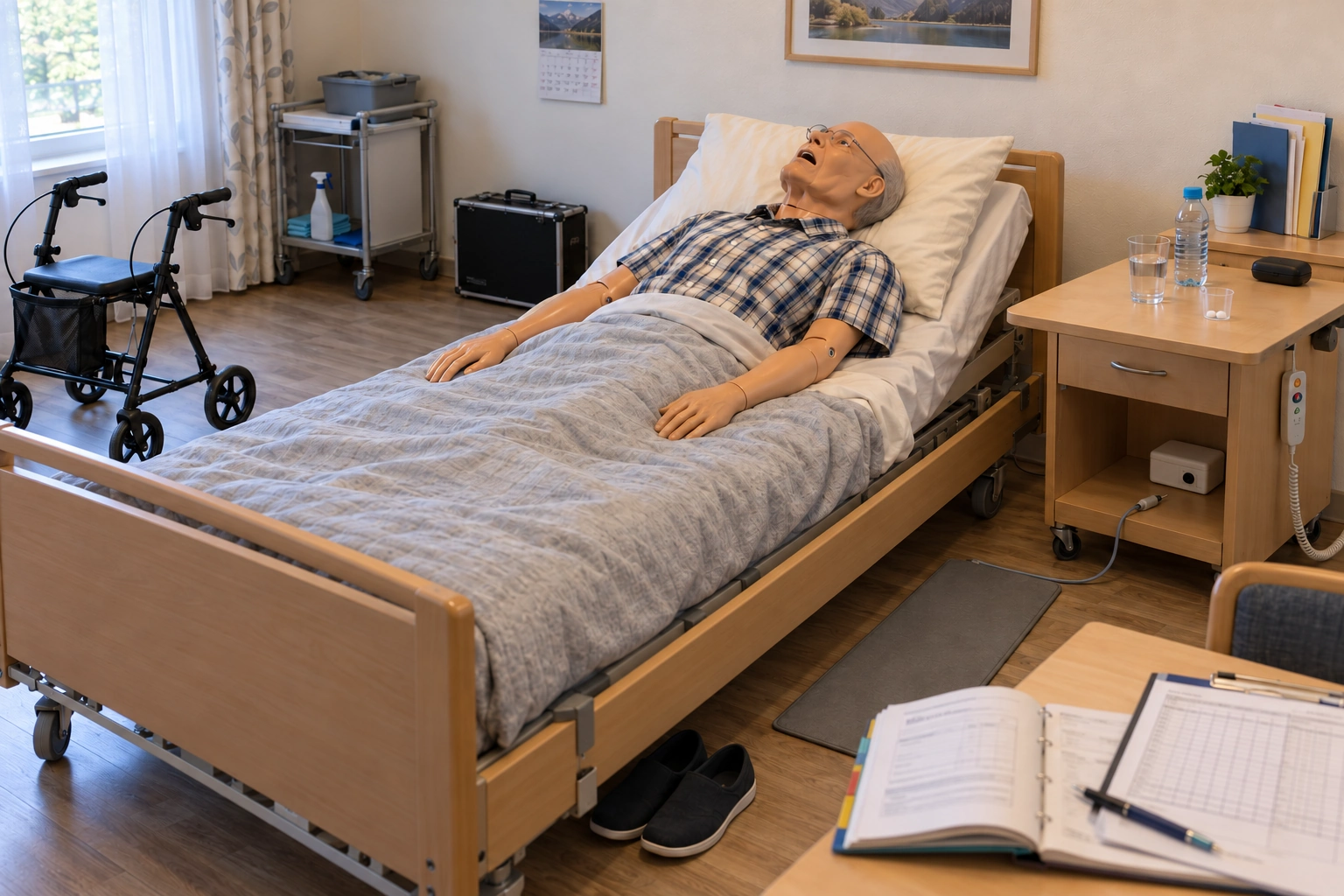 KI-generierter Übungsraum: Eine Pflegepuppe liegt im Bett. Rundherum stehen Nachttisch, Rollator, Sensormatte und Reinigungswagen. Im Vordergrund liegen Unterlagen.
